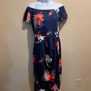 Long, floral tropical dress, navy, red, short sleeve, wrap front, off shoulder